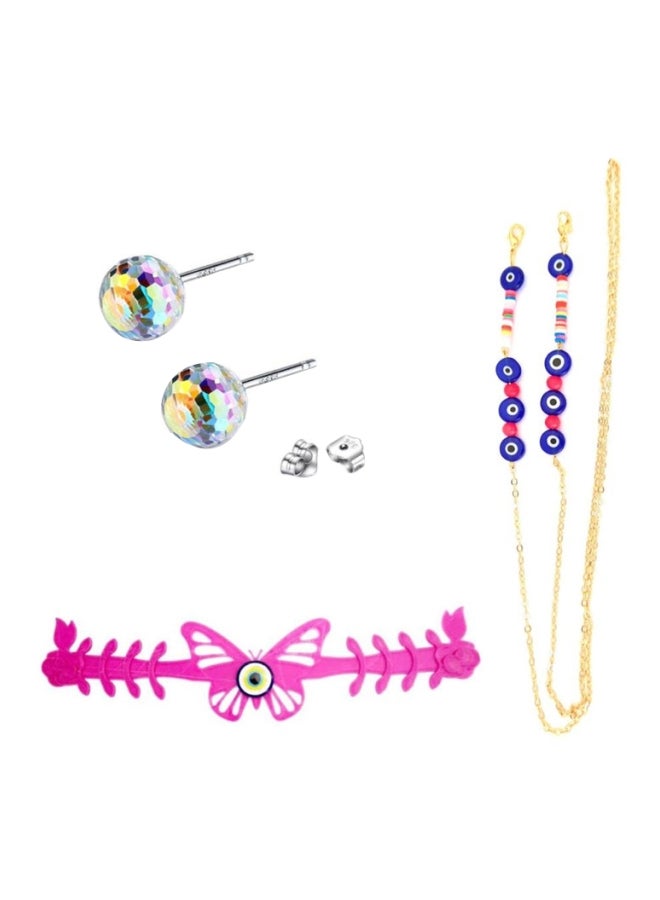 2 Mask holders one butterfly pink with crystal, one chain and earrings changes color with light sun pink