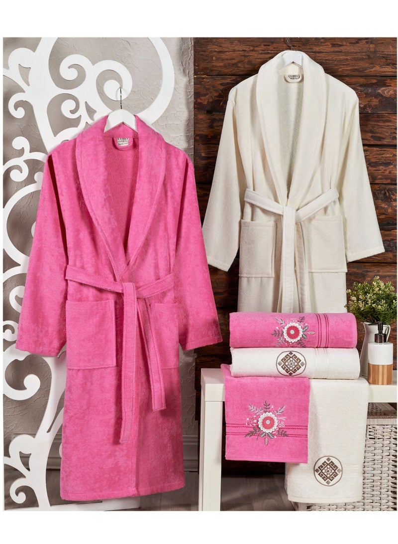 6-Piece Turkish Velour Cotton Bathrobe Set for Couples with Matching Bath Towels and Hand Towels Hot Pink/Ivory