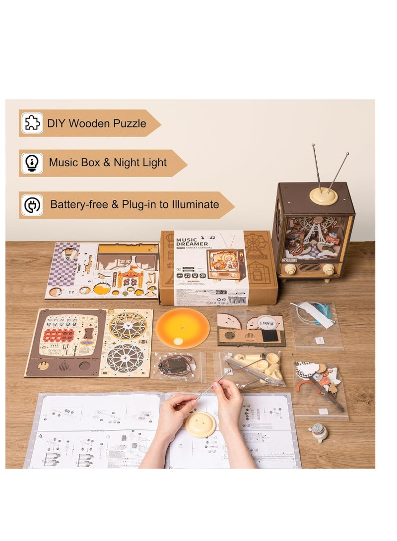 Rolife Sunset Carnival DIY Music Box AMT01,Assembly Brain Teaser 3D Wooden Puzzle DIY Build Model Crafts Kits, Unique Home Decor Birthday Gifts for Teens or Adults