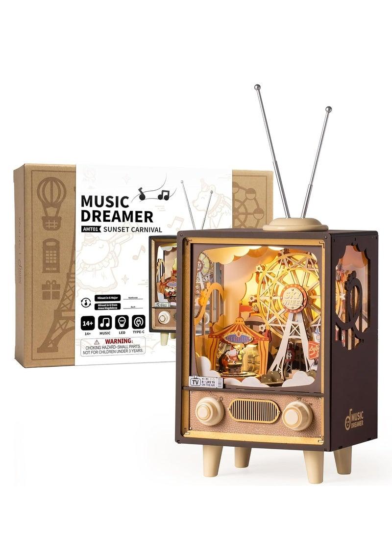 Rolife Sunset Carnival DIY Music Box AMT01,Assembly Brain Teaser 3D Wooden Puzzle DIY Build Model Crafts Kits, Unique Home Decor Birthday Gifts for Teens or Adults