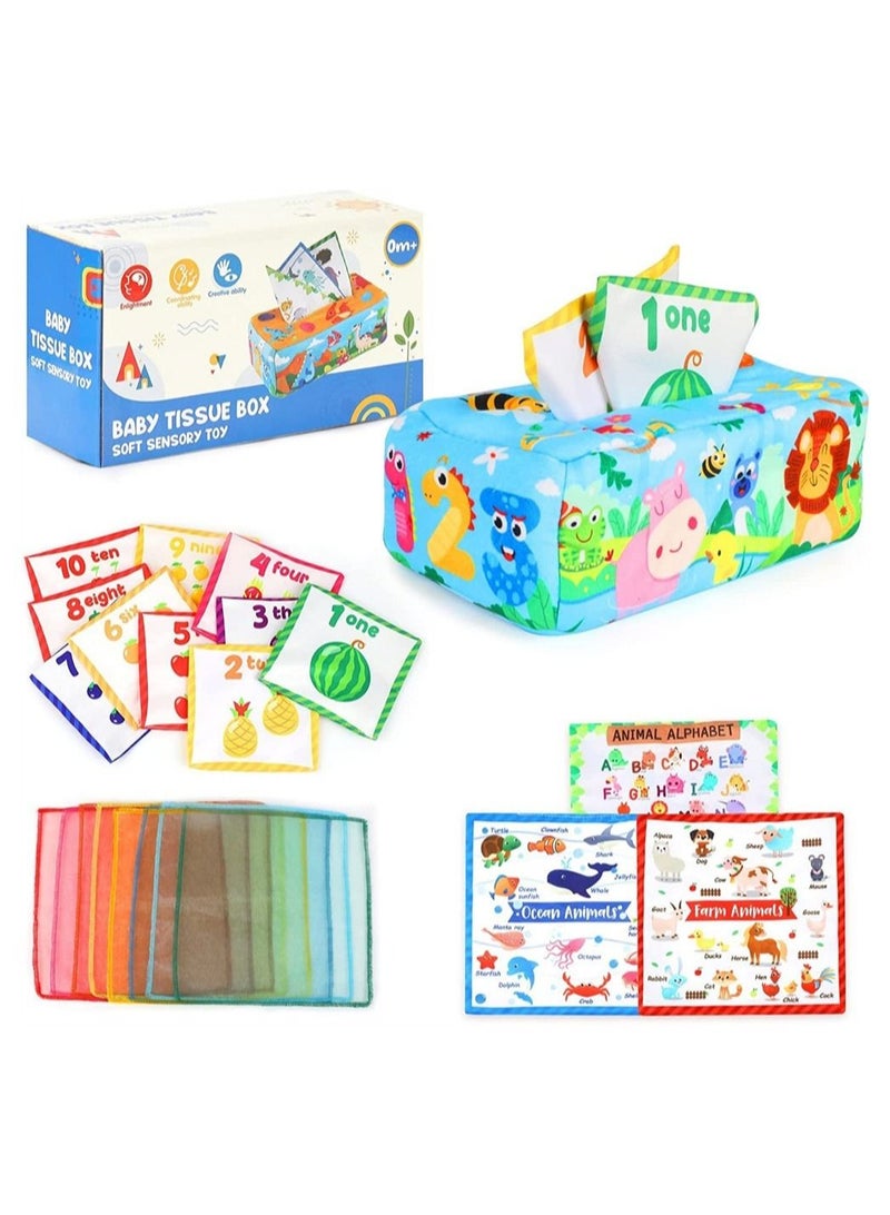 Baby Tissue Box Toy, Montessori Toys, Sensory Pull Along Toy for Toddlers with Colorful Scarves Crinkle Tissues Soft Cloth Numbe and Animals Pattern, Educational Preschool Learning Toys