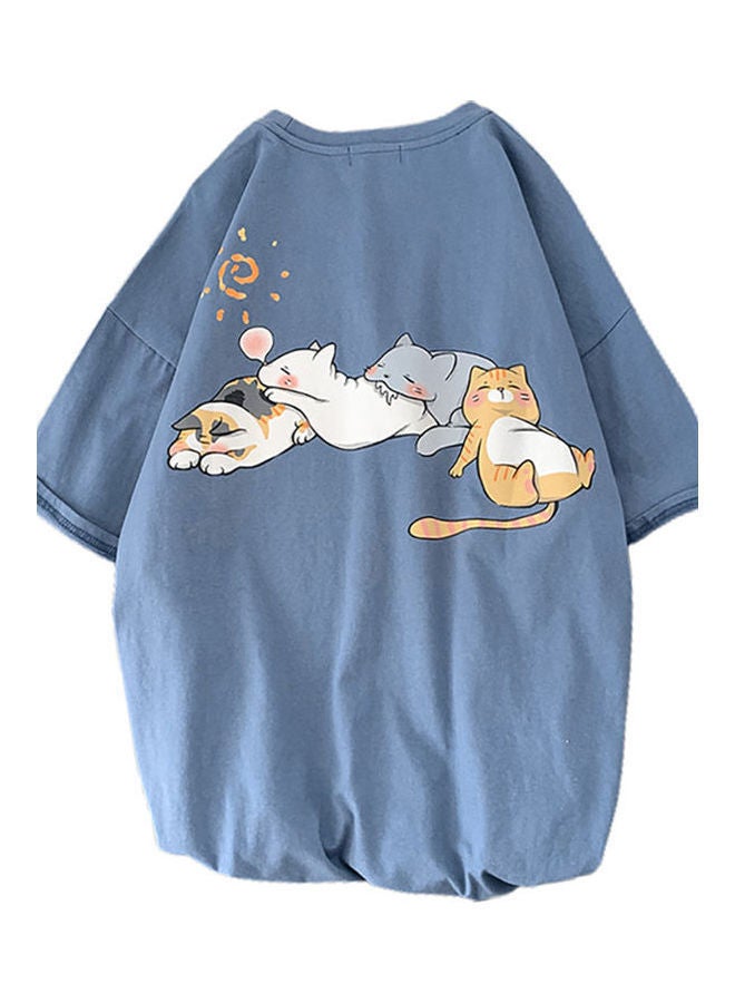 Men's Cartoon Cats Printed Summer T-Shirt Blue