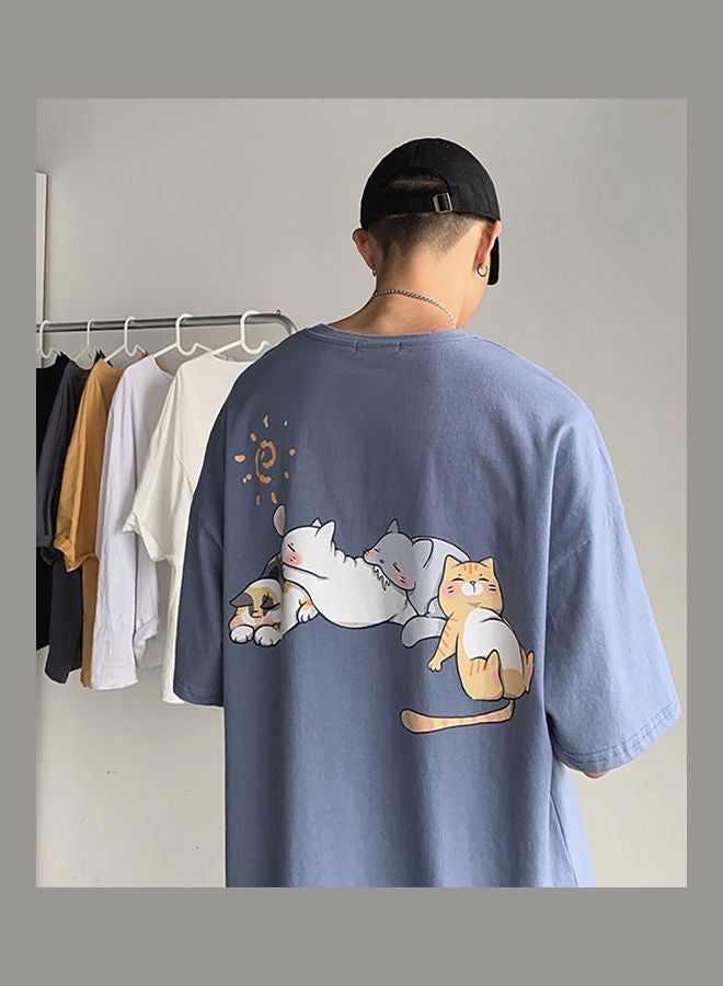 Men's Cartoon Cats Printed Summer T-Shirt Blue