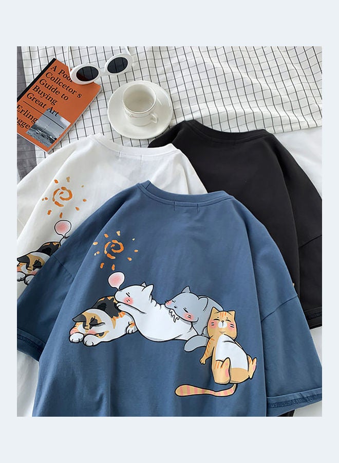 Men's Cartoon Cats Printed Summer T-Shirt Blue