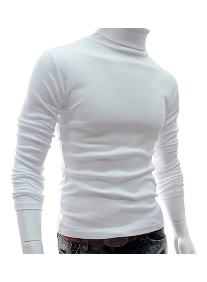 Men Fashion Solid Colour Long Sleeve Turtleneck Sweater Slim Fit Knitted Pullover White