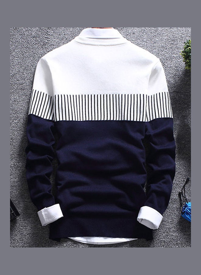 Fashion Men Knitted Sweater Block Patchwork Blue/White