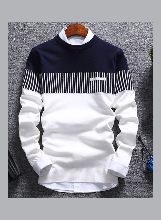 Fashion Men Knitted Sweater Block Patchwork Blue/White