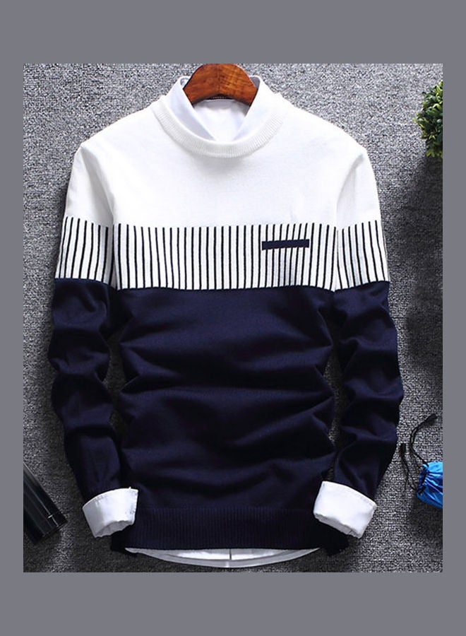 Fashion Men Knitted Sweater Block Patchwork Blue/White
