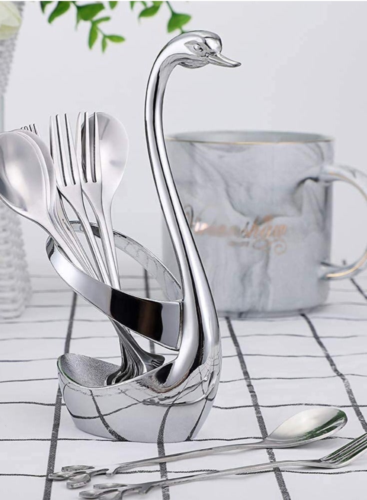 Creative Metal Swan Dinnerware Set Dessert Forks & Spoon Decorative Base Holder with 1 and Spoons for Coffee, Fruit, Dessert, Cake