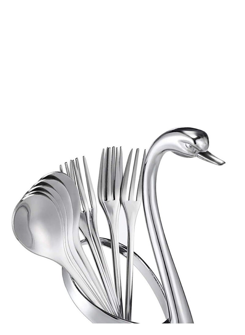 Creative Metal Swan Dinnerware Set Dessert Forks & Spoon Decorative Base Holder with 1 and Spoons for Coffee, Fruit, Dessert, Cake