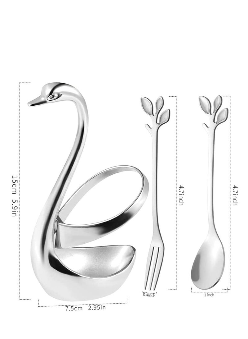 Creative Metal Swan Dinnerware Set Dessert Forks & Spoon Decorative Base Holder with 1 and Spoons for Coffee, Fruit, Dessert, Cake