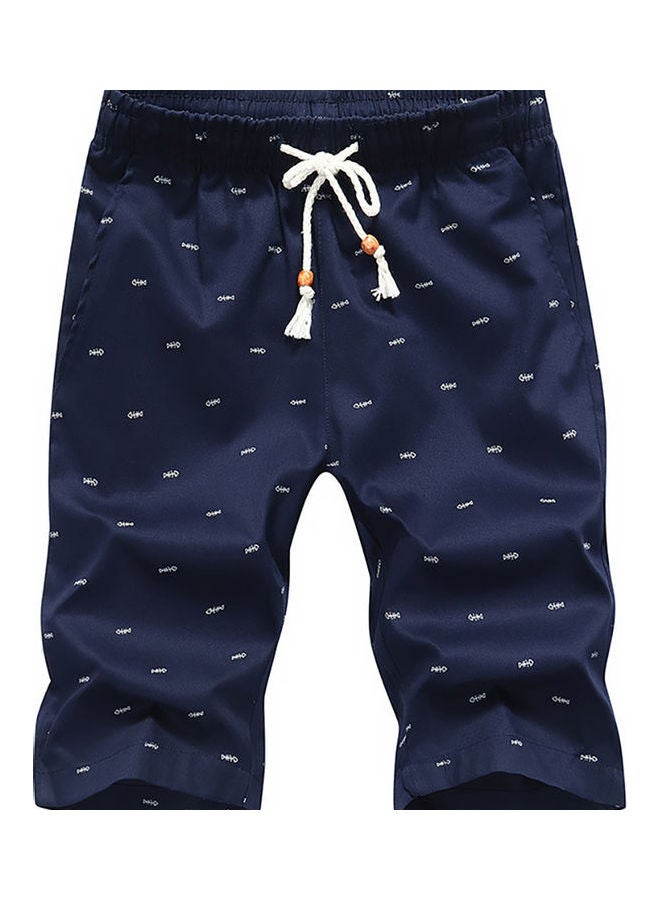 Men Casual Fishbone Print Drawstring Pockets Cotton Beach Shorts Fifth Pants Dark Blue