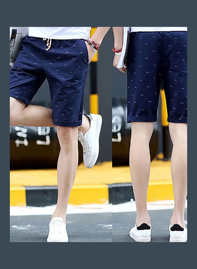 Men Casual Fishbone Print Drawstring Pockets Cotton Beach Shorts Fifth Pants Dark Blue