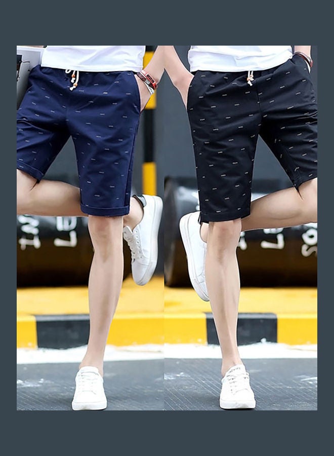 Men Casual Fishbone Print Drawstring Pockets Cotton Beach Shorts Fifth Pants Dark Blue