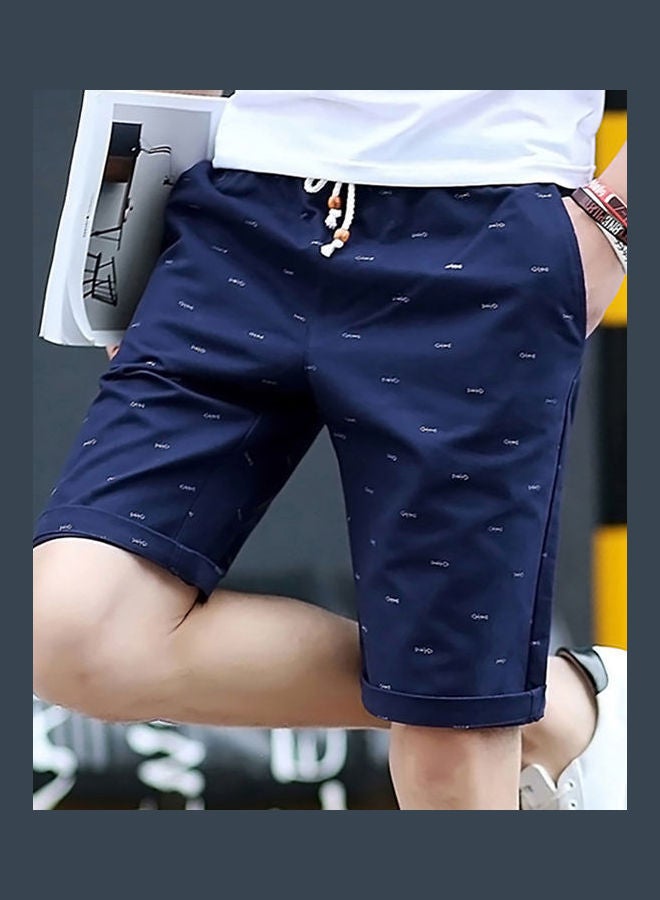 Men Casual Fishbone Print Drawstring Pockets Cotton Beach Shorts Fifth Pants Dark Blue