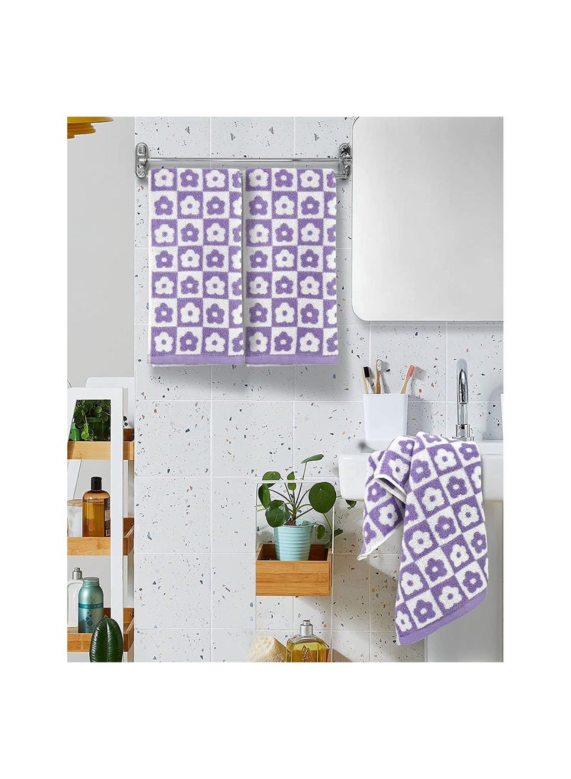 SYOSI Cotton Face Towels, Set of 4 Checkered Floral Bathroom Hand Soft Lilac Flower Towels for Everyday Use, 29” x 13”, Purple