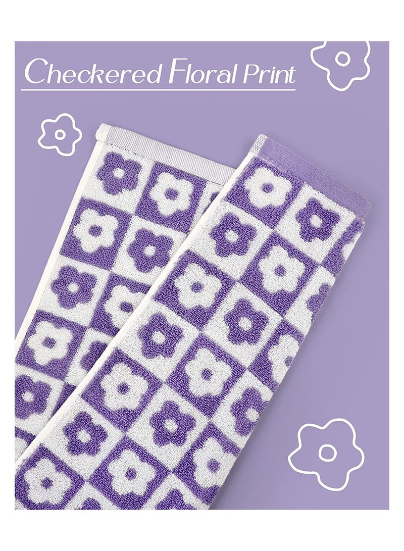 SYOSI Cotton Face Towels, Set of 4 Checkered Floral Bathroom Hand Soft Lilac Flower Towels for Everyday Use, 29” x 13”, Purple