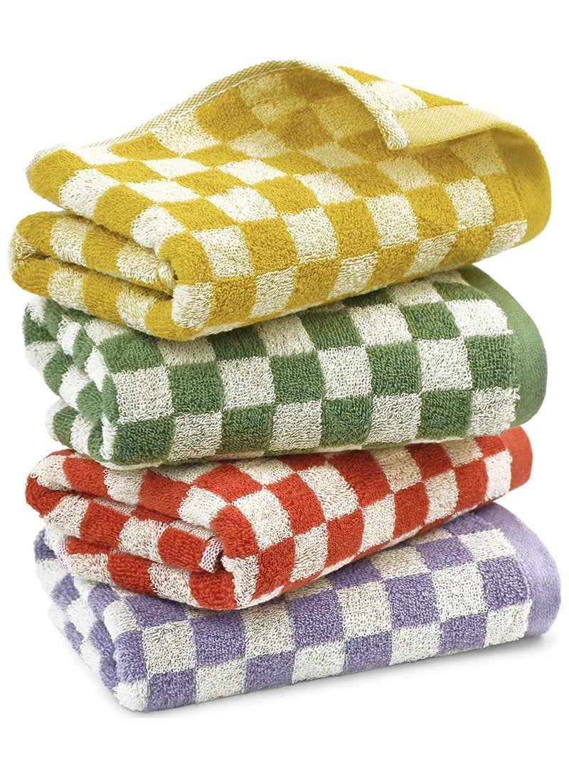 SYOSI Checkered Cotton Towels, Face Hand Towels Soft Absorbent for Bathroom, Spa, Gym, Kitchen, 4 Pcs Towel Set Checkered, 13 x 29 Inches, Colors