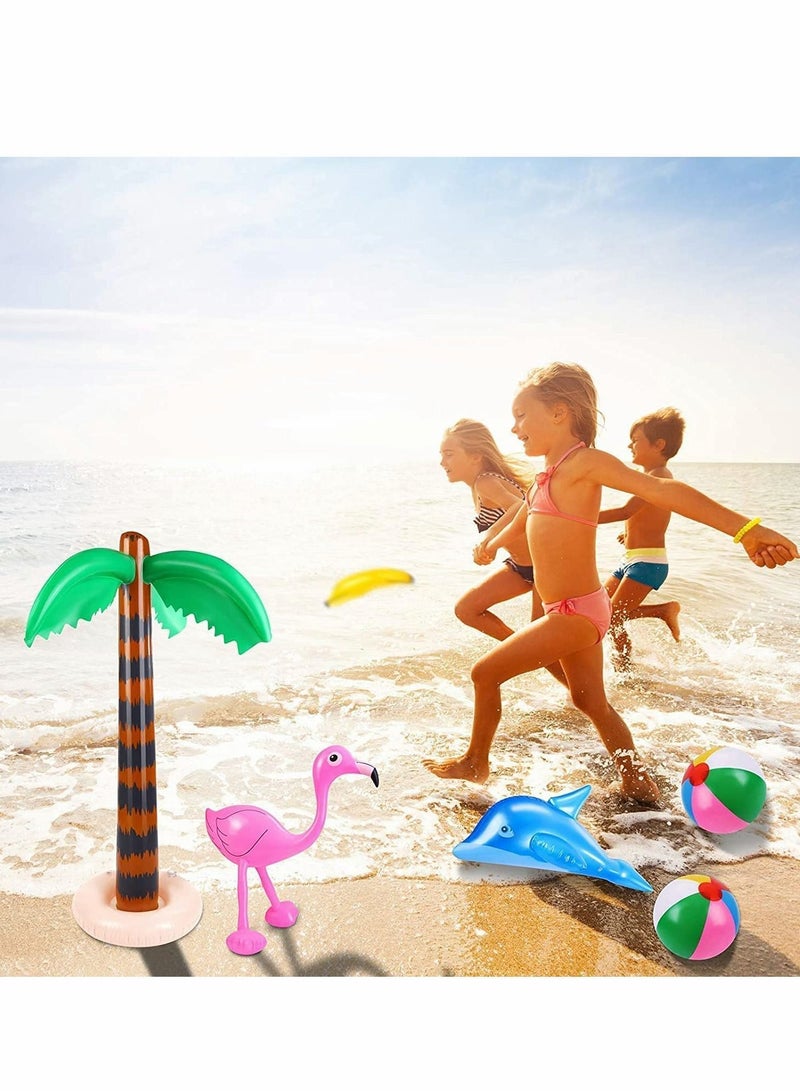 Hawaiian Party Toys Set, 8Pcs Inflatable Palm Trees Flamingos Banana Beach Balls Dolphin for Hawaii Summer Decor Pool Backdrop Supplies