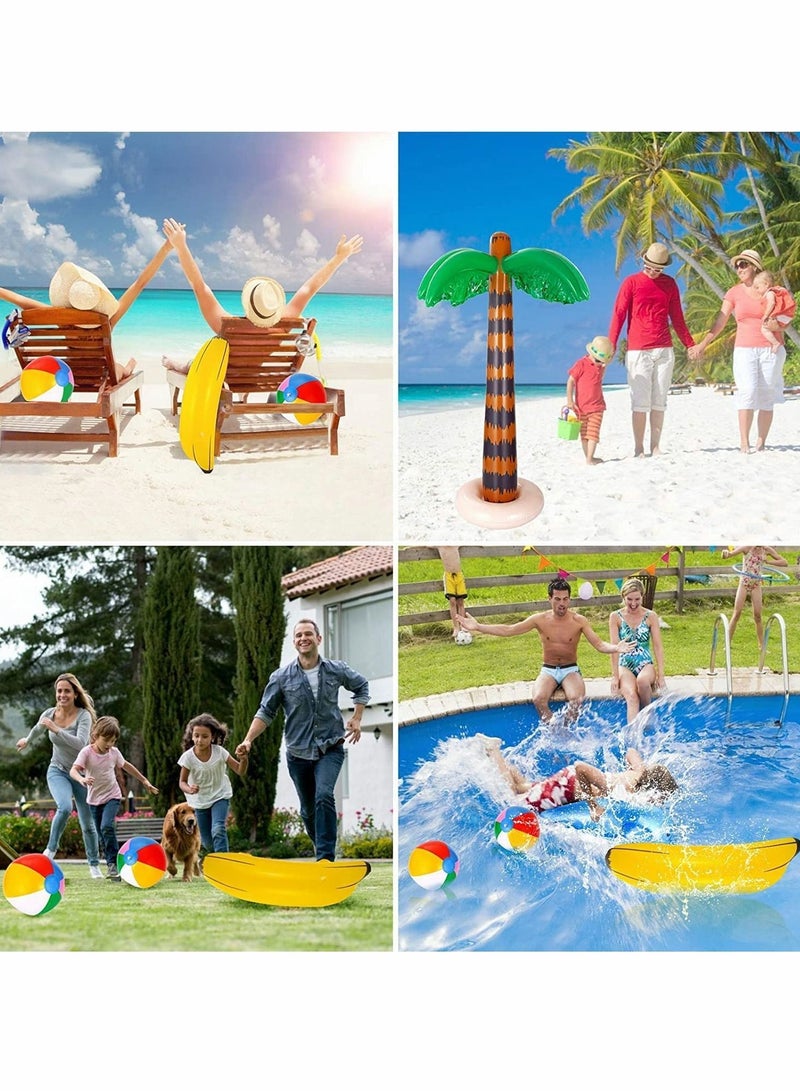 Hawaiian Party Toys Set, 8Pcs Inflatable Palm Trees Flamingos Banana Beach Balls Dolphin for Hawaii Summer Decor Pool Backdrop Supplies