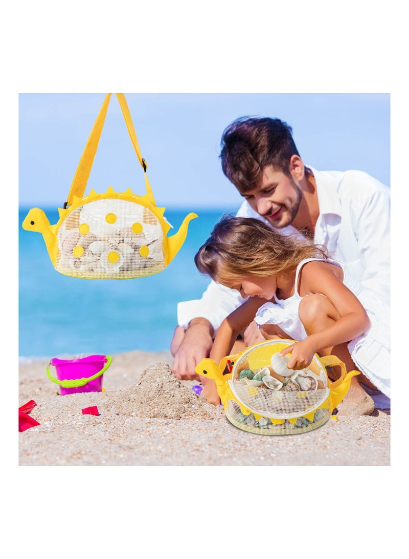 Beach Mesh Bag for Kids, Dinosaur Shaped Shell Collecting with Adjustable Carrying Straps Rock Collection Shark Tooth Hunting (2Pcs)