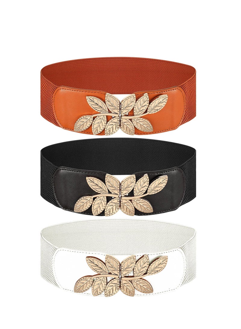Womens Elastic Belt 3 Pcs Vintage Metal Leaf Buckle Wide Stretchy Retro Cinch Waistband Broad Belts for Women Ladies