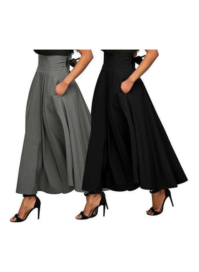 Fashionable OL High Waist Maxi Pleated Flared Skirt Black