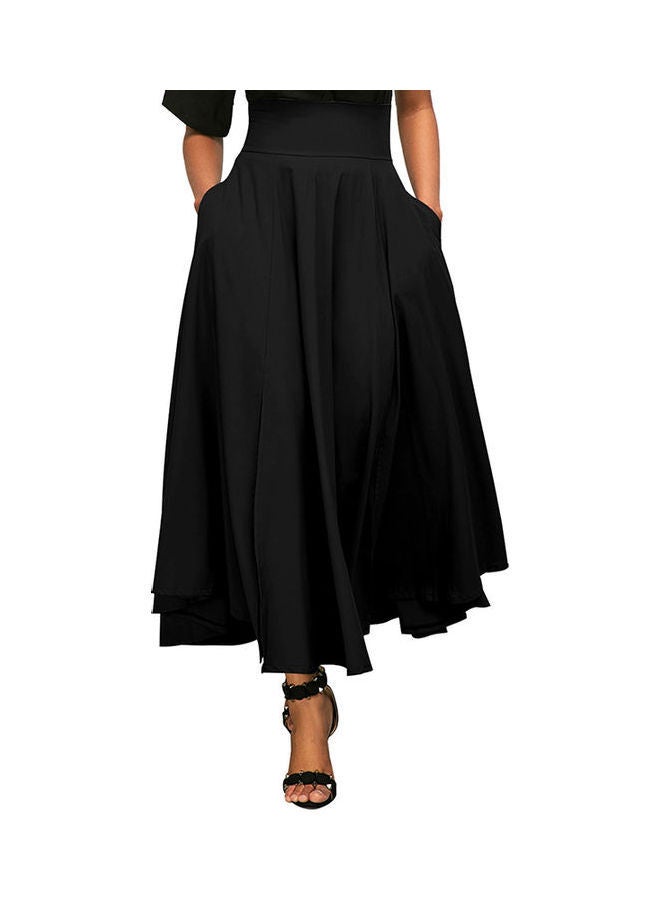 Fashionable OL High Waist Maxi Pleated Flared Skirt Black