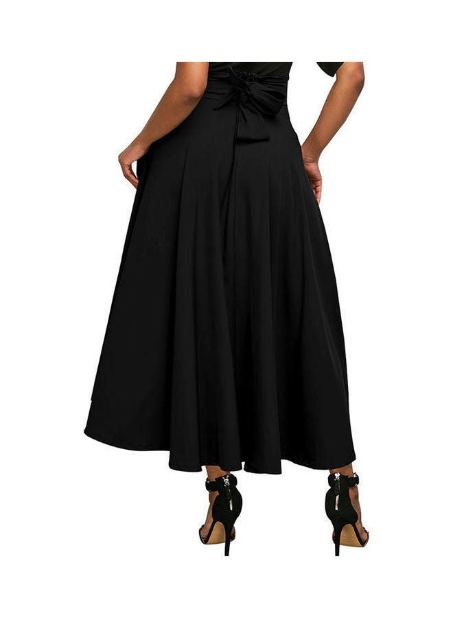 Fashionable OL High Waist Maxi Pleated Flared Skirt Black