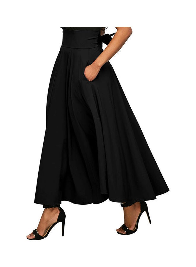 Fashionable OL High Waist Maxi Pleated Flared Skirt Black