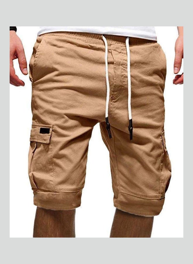 Solid Colour Casual Summer?Cargo Shorts Men Sports Jogger Drawstring Fifth Pants Khaki