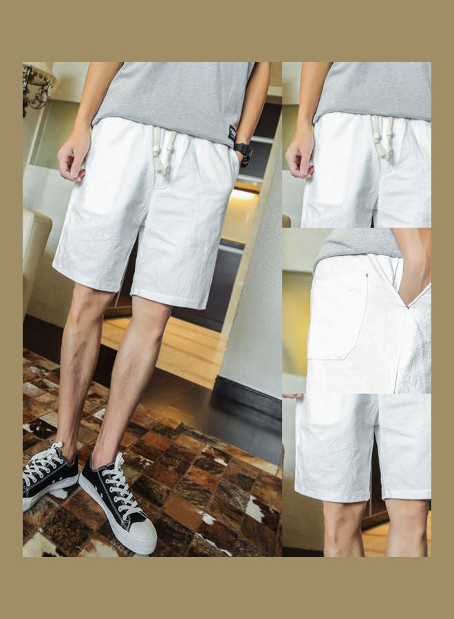 Solid Colour Linen Shorts Summer Men Beach Surfing Sports Drawstring Fifth Pants White