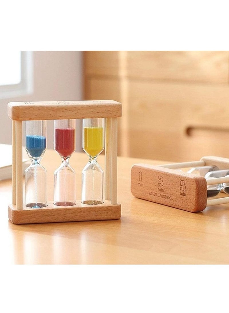 Wooden Sand Hourglass Timer Wood Frame Sandglass Clock 1+3+5 Minute Mini Decoration Small Gift for Games Classroom Home Office (Colored)