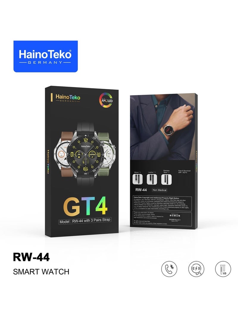 Haino Teko RW44 Round Screen AMOLED Display Smart Watch With 3 Pair Straps and Wireless Charger For Gents and Boys