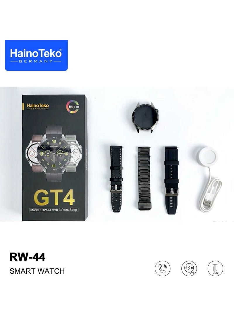 Haino Teko RW44 Round Screen AMOLED Display Smart Watch With 3 Pair Straps and Wireless Charger For Gents and Boys