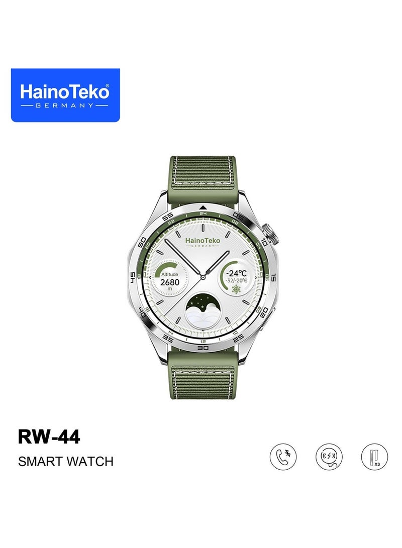 Haino Teko RW44 Round Screen AMOLED Display Smart Watch With 3 Pair Straps and Wireless Charger For Gents and Boys Green