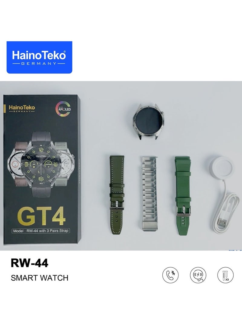 Haino Teko RW44 Round Screen AMOLED Display Smart Watch With 3 Pair Straps and Wireless Charger For Gents and Boys Green