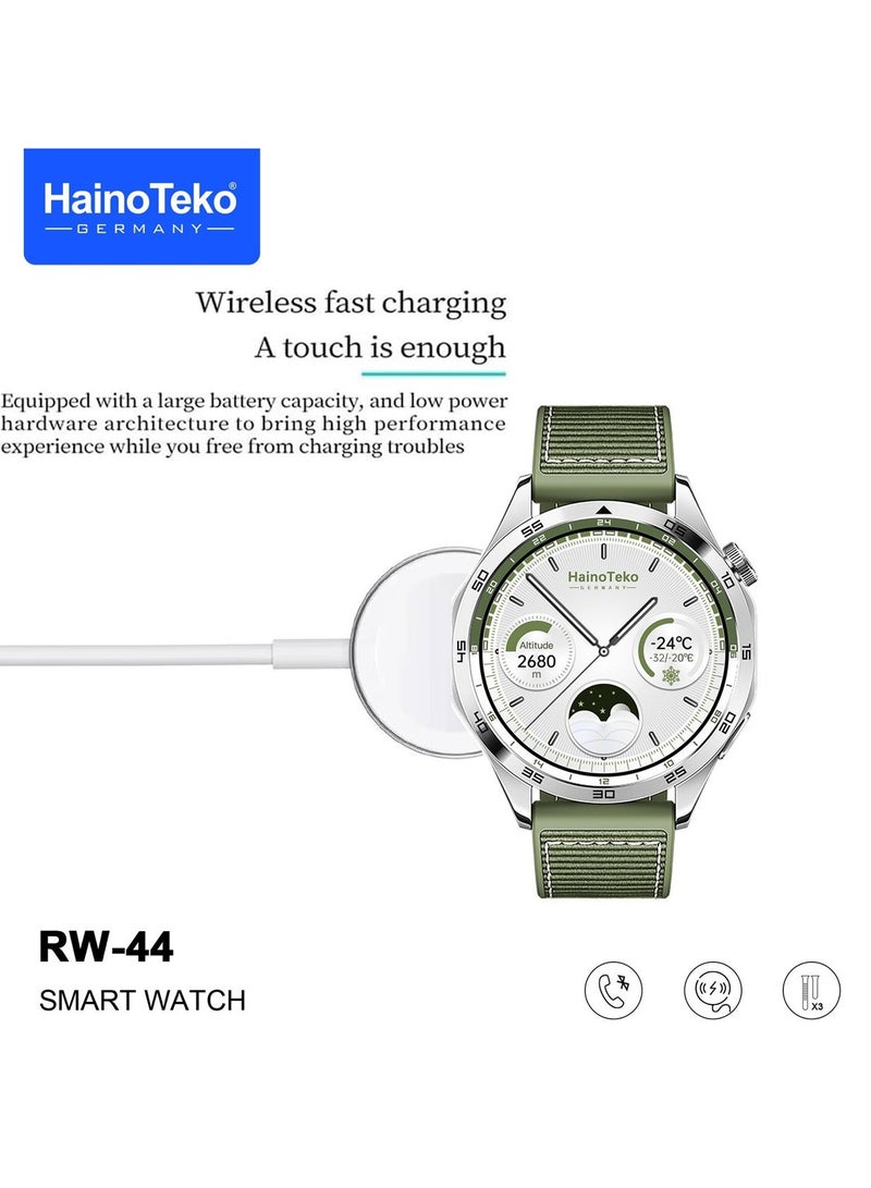 Haino Teko RW44 Round Screen AMOLED Display Smart Watch With 3 Pair Straps and Wireless Charger For Gents and Boys Green