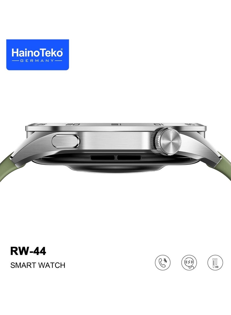 Haino Teko RW44 Round Screen AMOLED Display Smart Watch With 3 Pair Straps and Wireless Charger For Gents and Boys Green