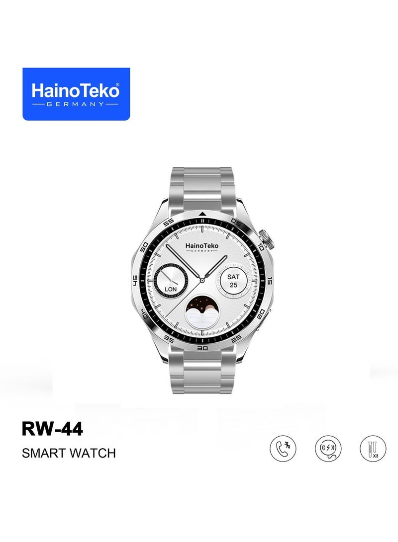 Haino Teko Germany RW44 Round Screen AMOLED Display Smart Watch With 3 Pair Straps and Wireless Charger For Gents and Boys Silver