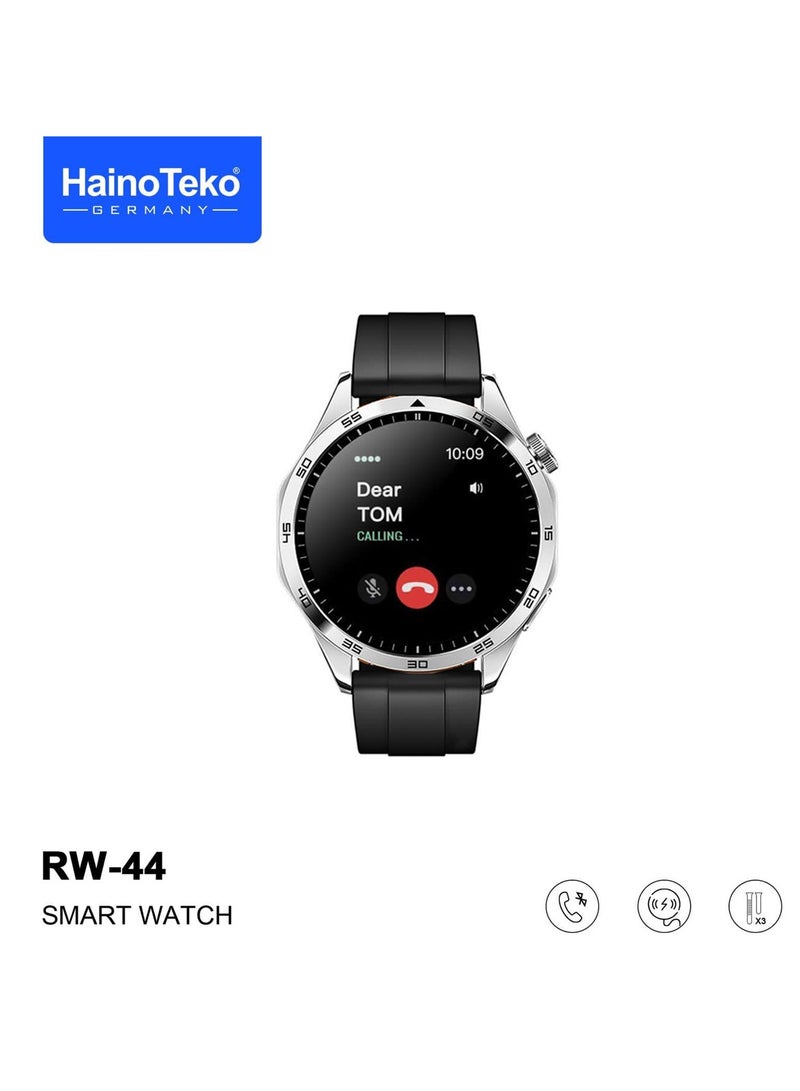 Haino Teko Germany RW44 Round Screen AMOLED Display Smart Watch With 3 Pair Straps and Wireless Charger For Gents and Boys Silver