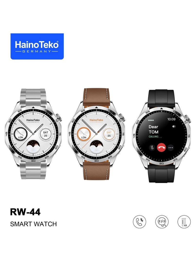 Haino Teko Germany RW44 Round Screen AMOLED Display Smart Watch With 3 Pair Straps and Wireless Charger For Gents and Boys Silver