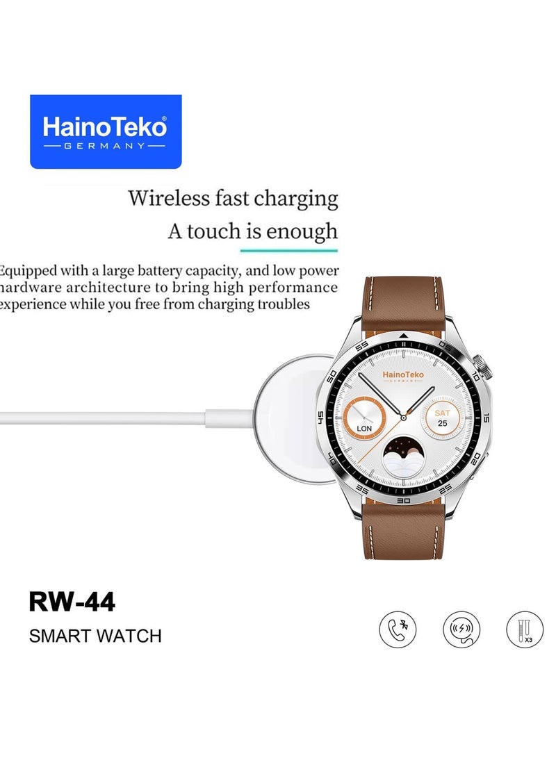 Haino Teko Germany RW44 Round Screen AMOLED Display Smart Watch With 3 Pair Straps and Wireless Charger For Gents and Boys Silver