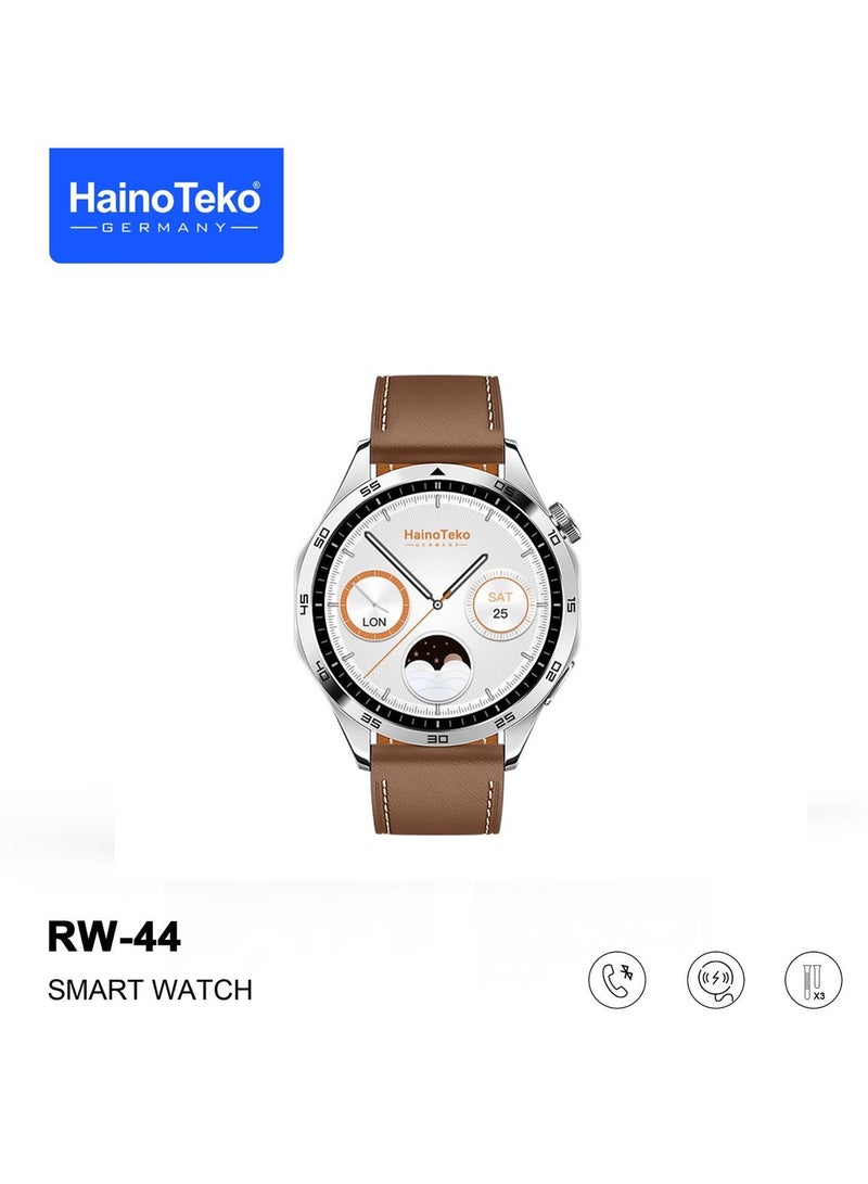 Haino Teko Germany RW44 Round Screen AMOLED Display Smart Watch With 3 Pair Straps and Wireless Charger For Gents and Boys Silver