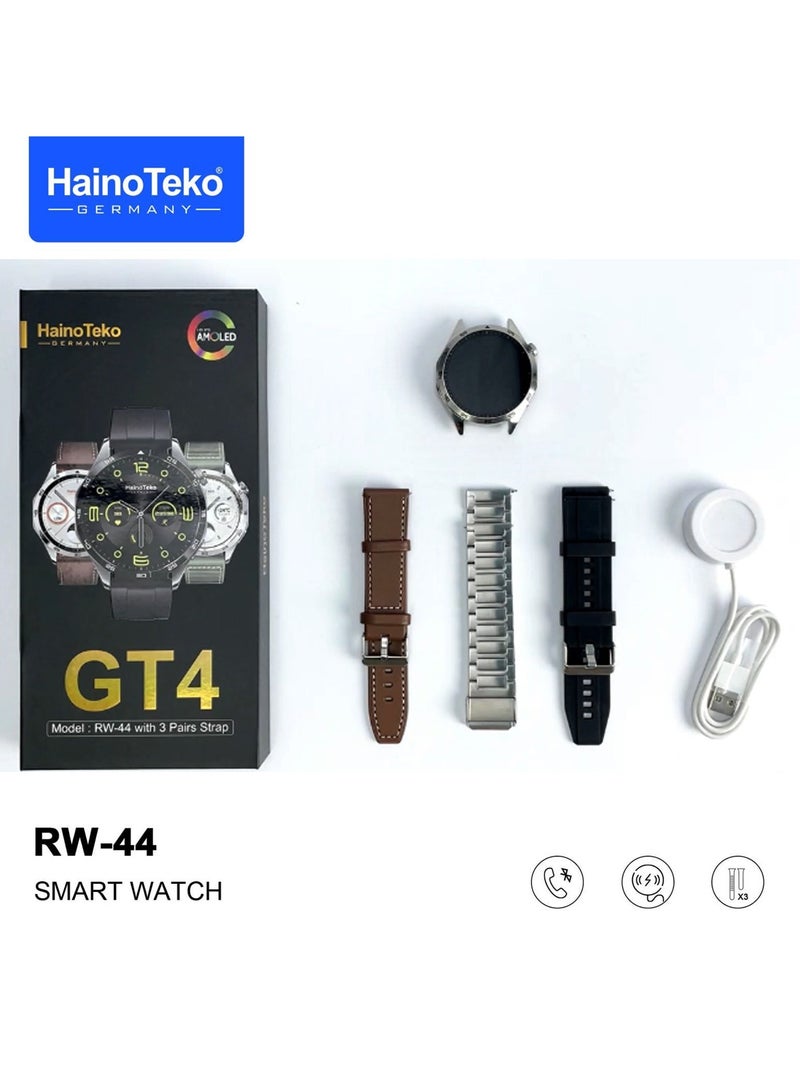 Haino Teko Germany RW44 Round Screen AMOLED Display Smart Watch With 3 Pair Straps and Wireless Charger For Gents and Boys Silver