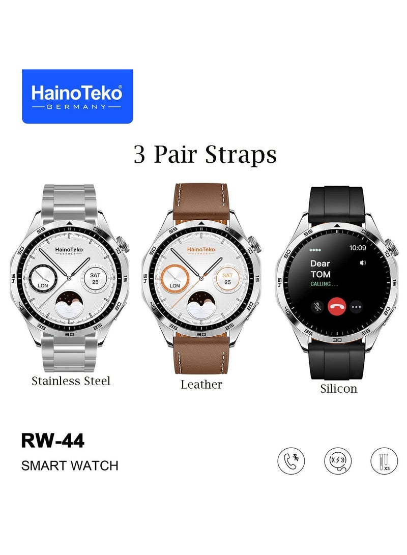 Haino Teko Germany RW44 Round Screen AMOLED Display Smart Watch With 3 Pair Straps and Wireless Charger For Gents and Boys Silver