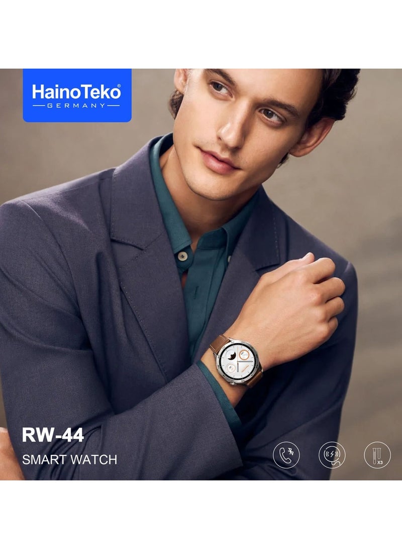 Haino Teko Germany RW44 Round Screen AMOLED Display Smart Watch With 3 Pair Straps and Wireless Charger For Gents and Boys Silver