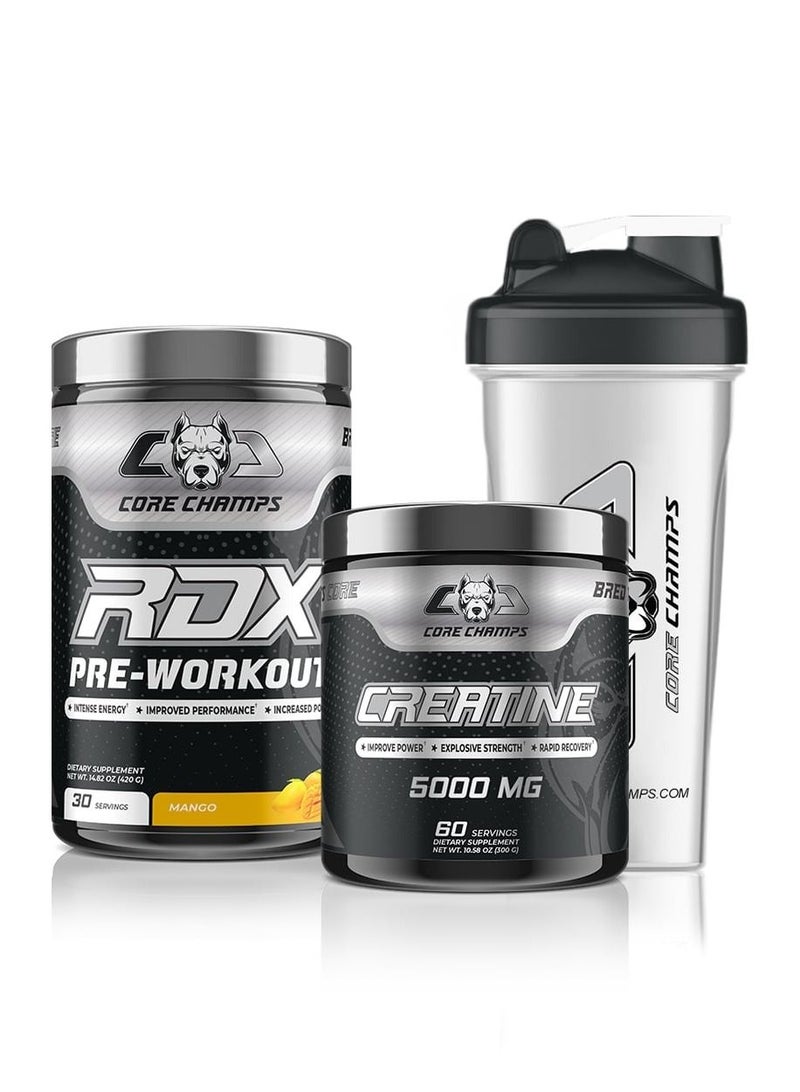 Core Champs Bundle - RDX Pre-Workout Mango 30sv + Creatine 300g + Shaker