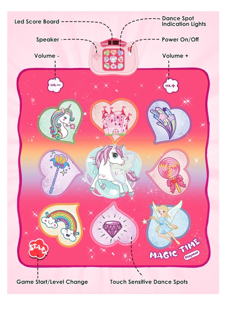 Unicorn Dance Mat Toys, Dance Musical Play Mat with 5 Game Modes& 8 Built-in Songs, Play Mat with LED Lights, Adjustable Volume, Suitable for 3 -6+ Year Old Girl Kid