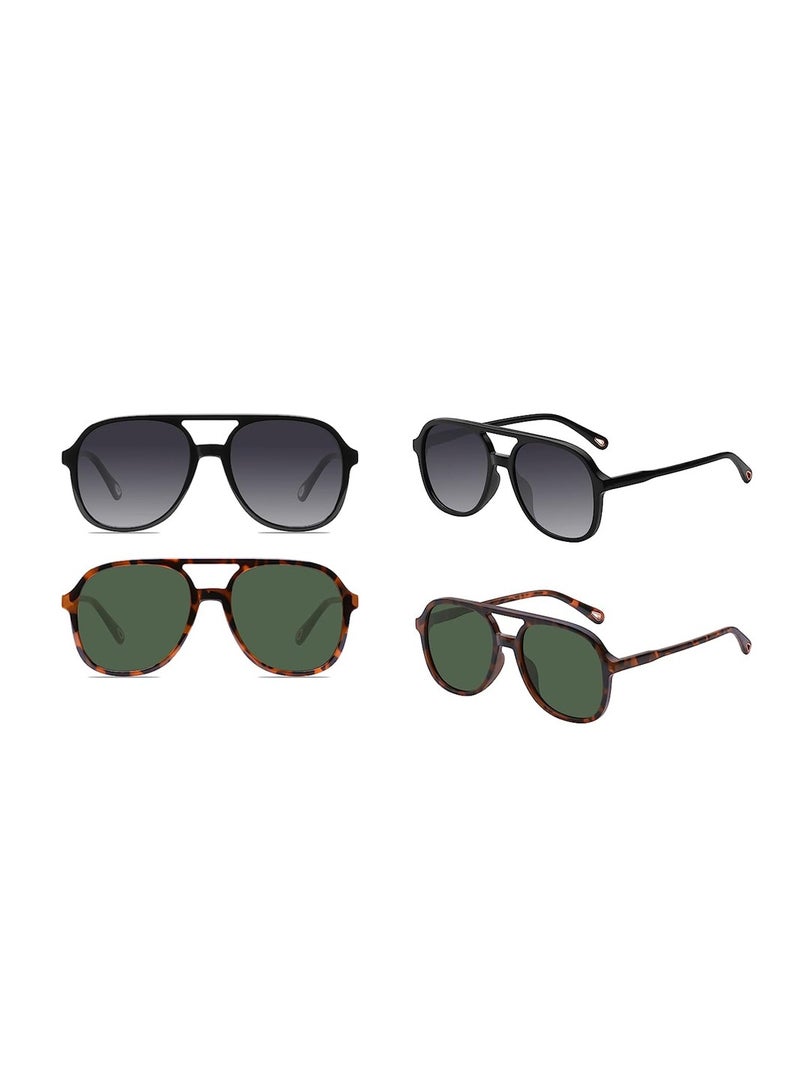 Retro Aviator Sunglasses 2 Pcs Double Beam Sunglasses for Womens Mens Vintage 70s Double Bridge Sun Glasses Classic Large Squared Frame Motion Sunglasses Protection
